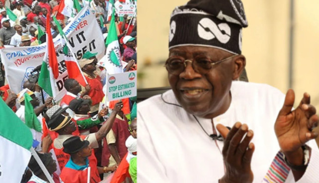 Organised Labour during protest and President Bola Tinubu